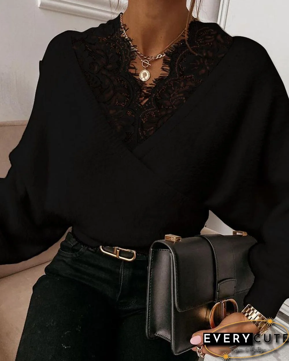Stitching Lace Solid Color Long Sleeve Top P15487