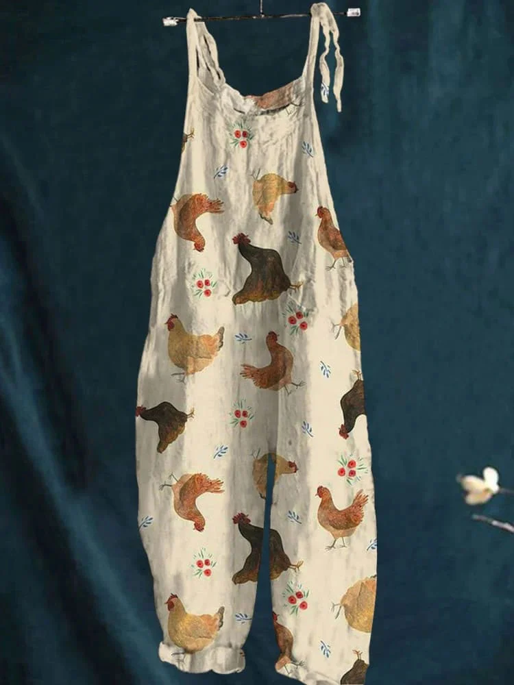 Women's Vintage Lovely Chicken Art Print Casual 100% Cotton Wide Leg Jumpsuit