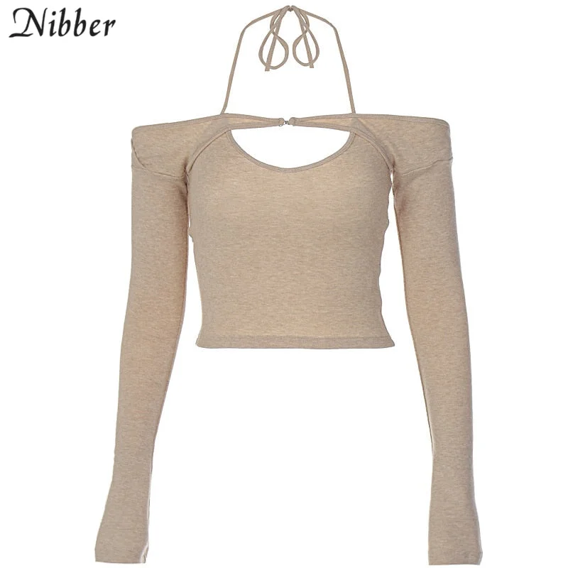 Nibber Pure Color Short Top Sexy Slim Hanging Neck T-Shirt For Women’s Daily Commuting Street Leisure Club Wear 2022 Spring New