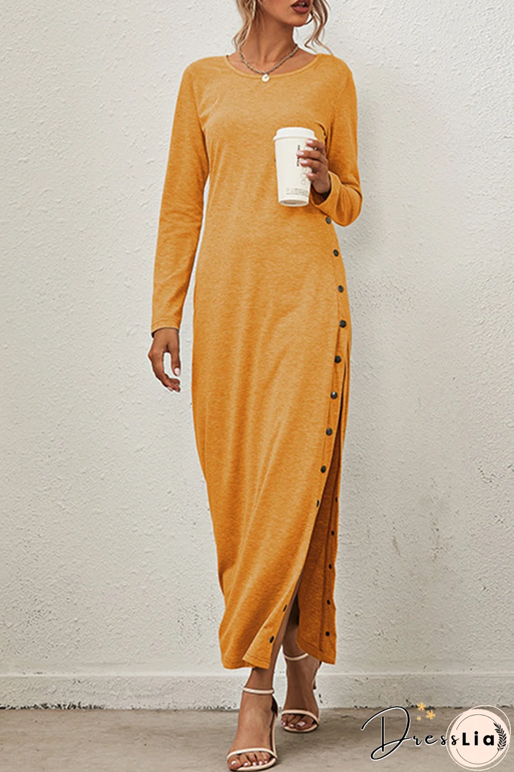 Solid Buckle Slit O Neck A Line Dresses(8 Colors)