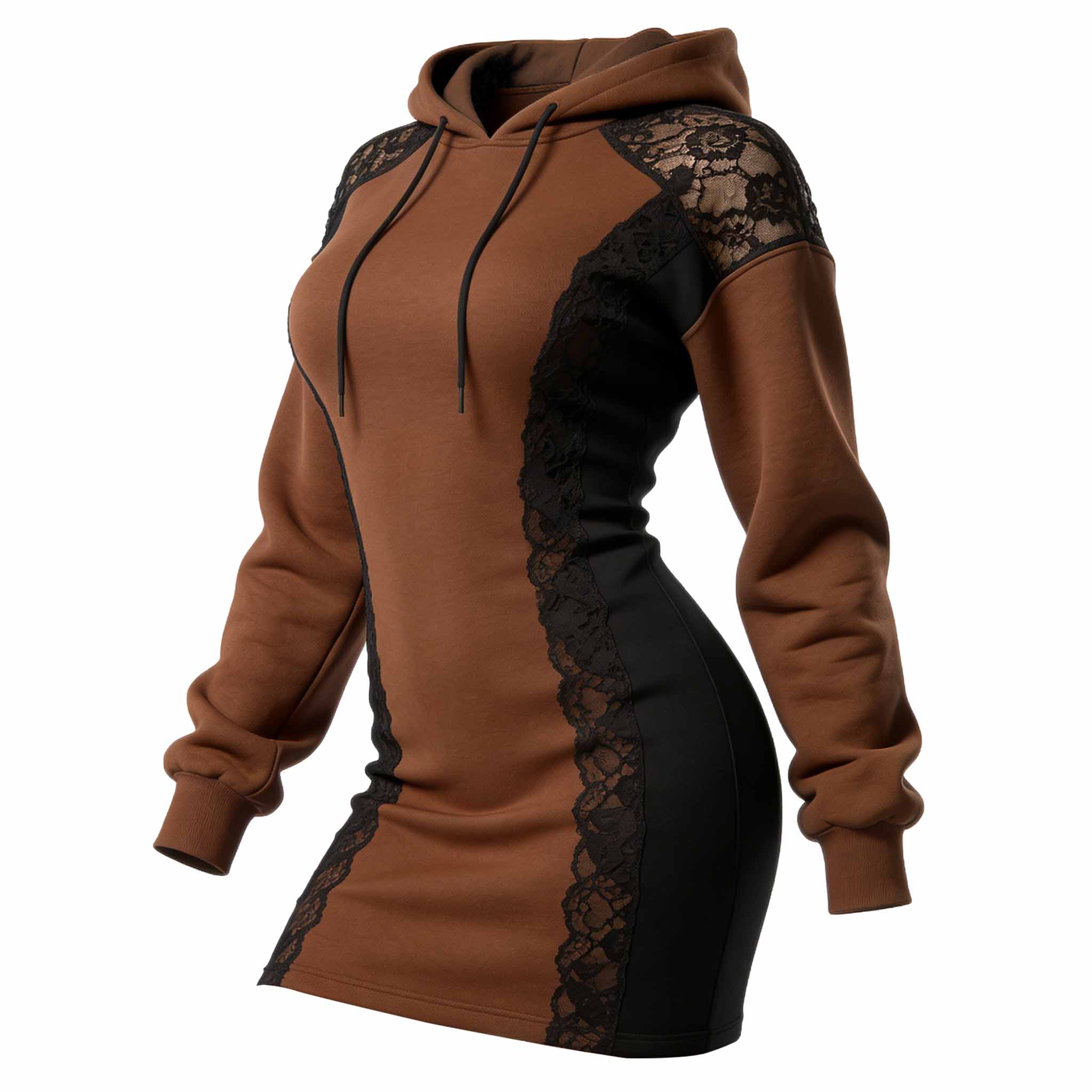 Women's Vintage Brown Patchwork Lace Hoodie Dress