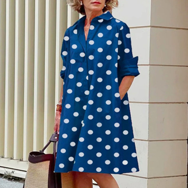 Gamezstake Elegant Turn-down Collar Women Shirts Dress Spring Polka Dot Print Office Party Dress Autumn Long Sleeve Pocket Pullover Dresses