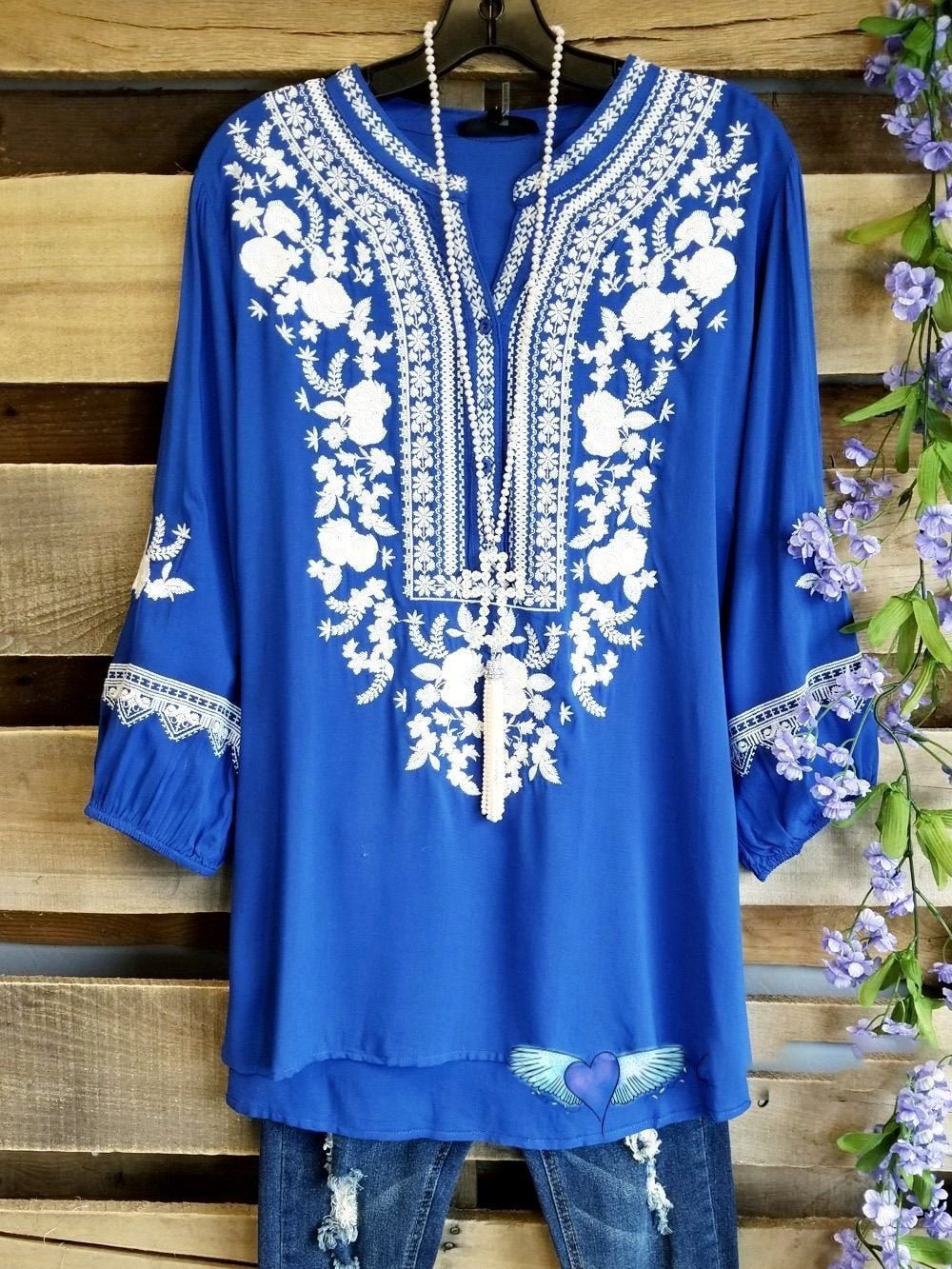V Neck Casual Long Sleeve Floral Pattern Top