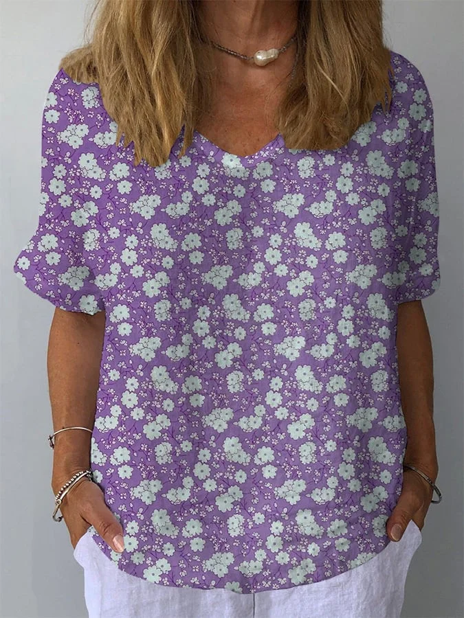Women's Retro Floral Casual V-Neck Cotton And Linen Top