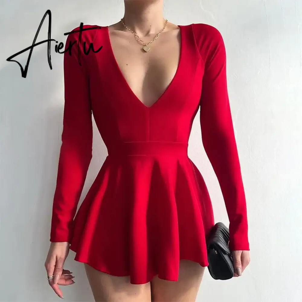 Cryptographic Fashion Sexy Backless V Neck A-Line Mini Dress Elegant Long Sleeve Pleated Party Club Birthday Dresses Vestido Aiertu