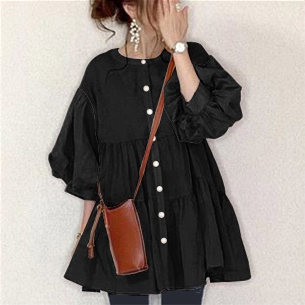 Women Button Up Puff Sleeve Thin Ruffles Blouse