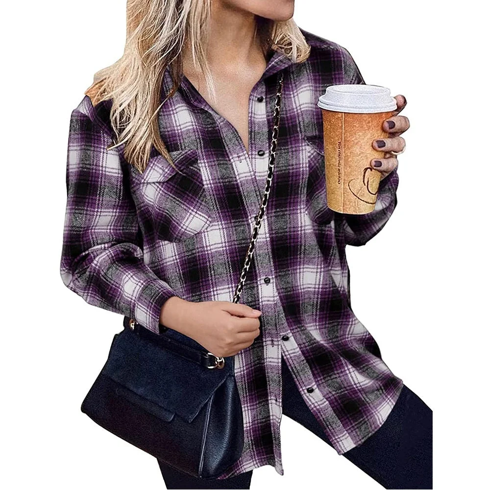 Women's Plaid Lapel Jacket Shirt Casual Buttoned Cardigan