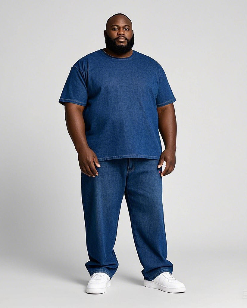 Big Men's Washed Denim Simple Solid Blue Short Sleeve T-shirt Pants Set