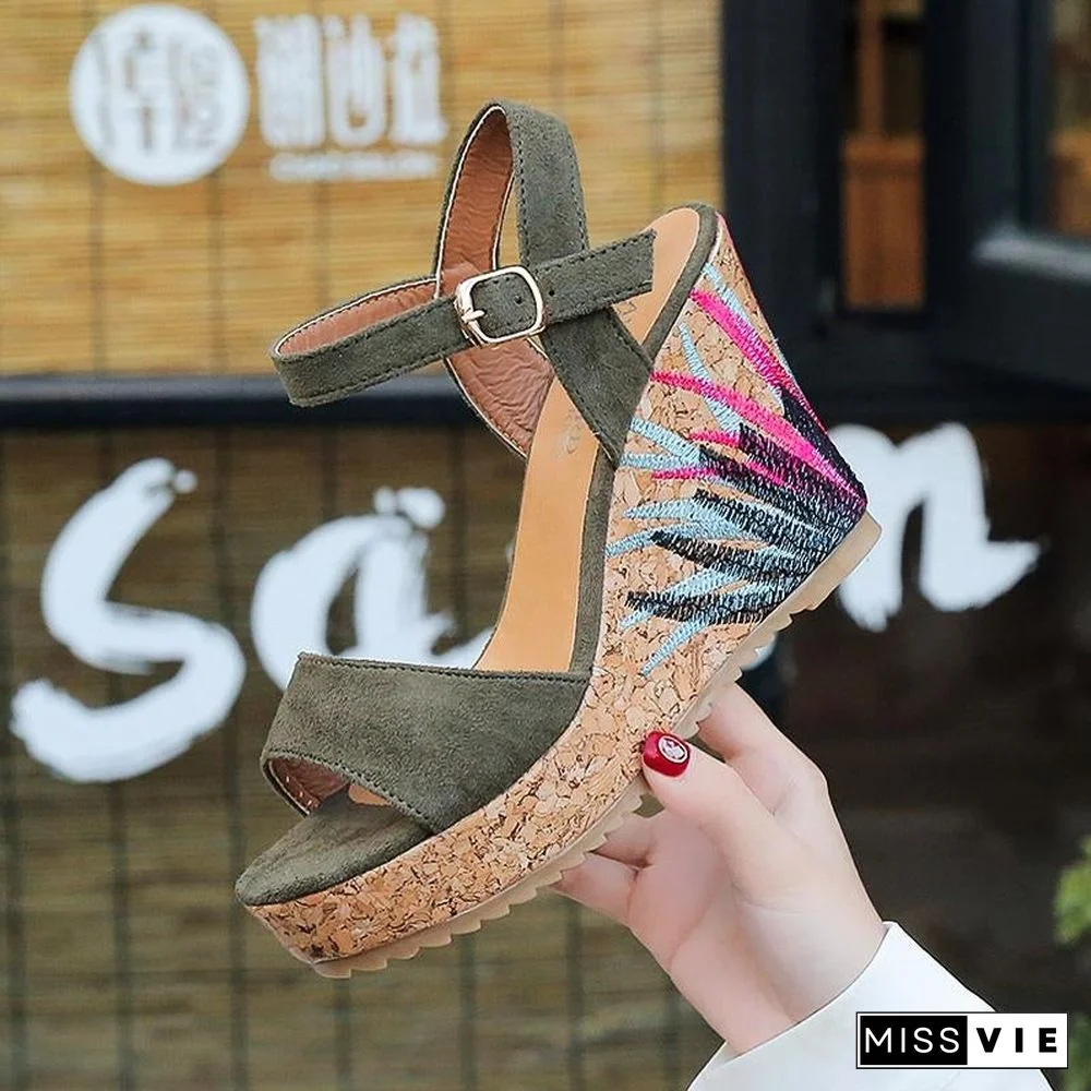 Women Graffiti Wedge Sandals PU Leather High Heels Suede Sandals Shoes