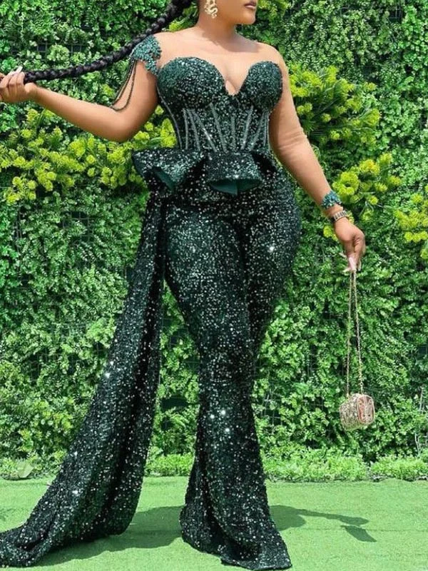 One-Shoulder Sequined Split-Joint Emerald Green Evening Jumpsuits