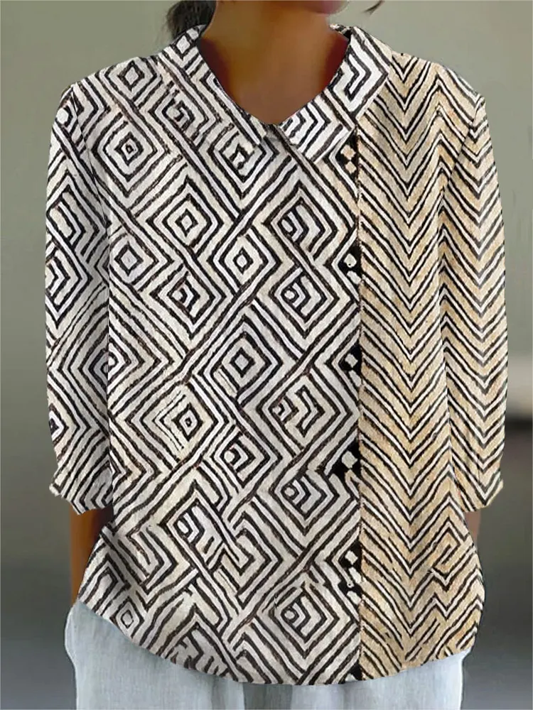 Women's Vintage Abstract Geometric Art Print Casual Cotton And Linen 3/4 Sleeve Shirt