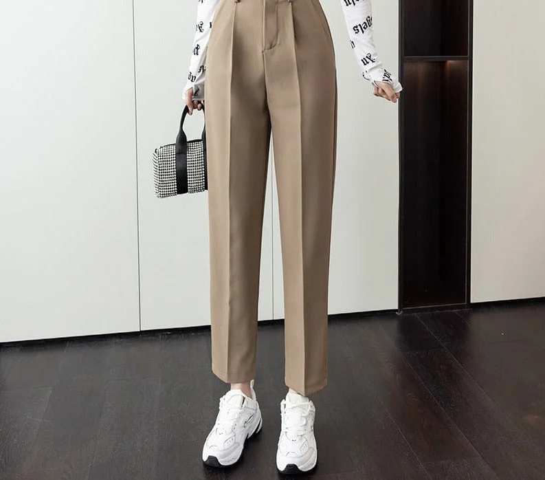 Abebey Khaki Suit Women Pants Autumn Loose Straight Harem Trousers Female Pockets Zipper Elegant Korean Style White Pants S-XXL