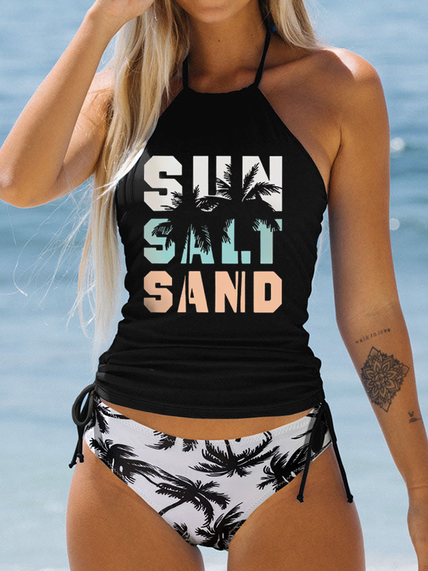 2 Piece Sun Salt Sand Beach Coconut Tree Print Tankini Sets