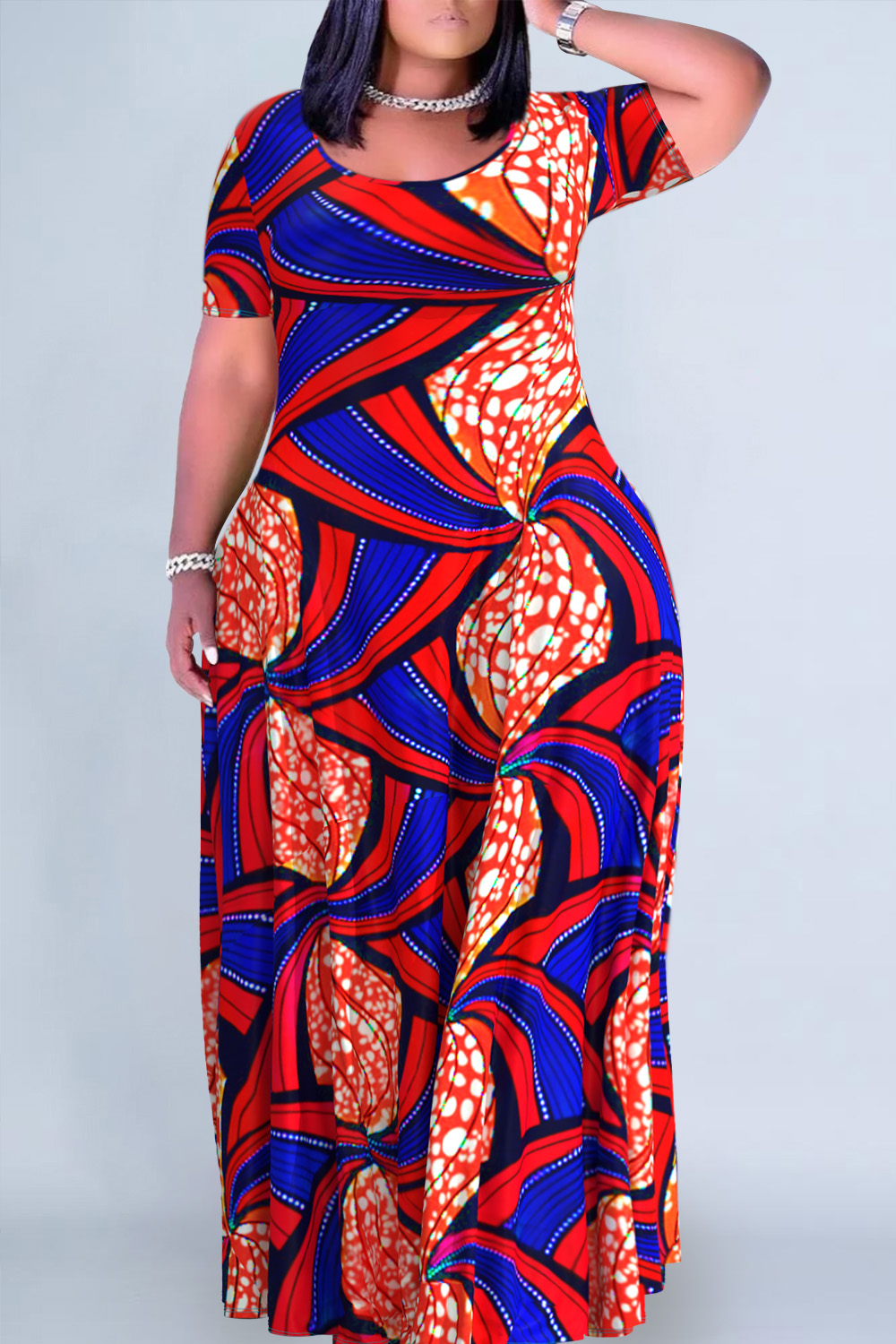 Plus Size Casual Multicolor Round Neck Short Sleeve Maxi Dress [Pre-Order]