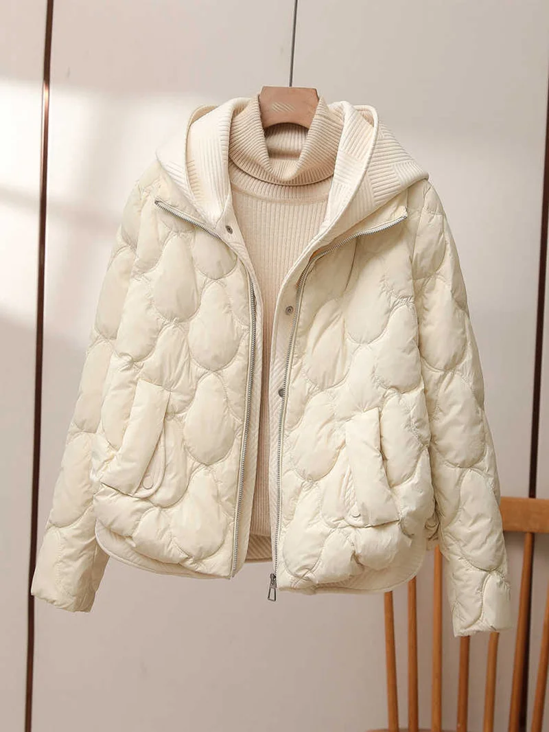 Woherb Fake Two Knitted Splicing Down Jacket Female 2024 Winter New Korean Version Fashion High-End Hooded White Duck Down Coat-Outfit Ideas