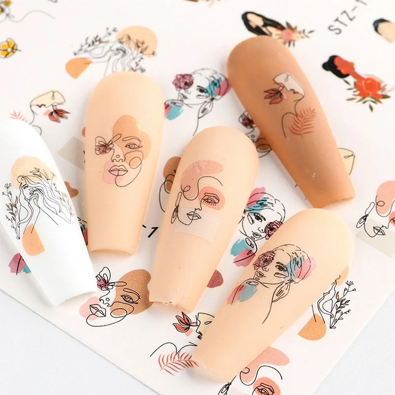 Nail Stickers Water Transfer Summer Dried Flowers Lady Designs 4Pcs/Set Nail Decal Decoration Tips For Beauty Salons-Nail Inspo