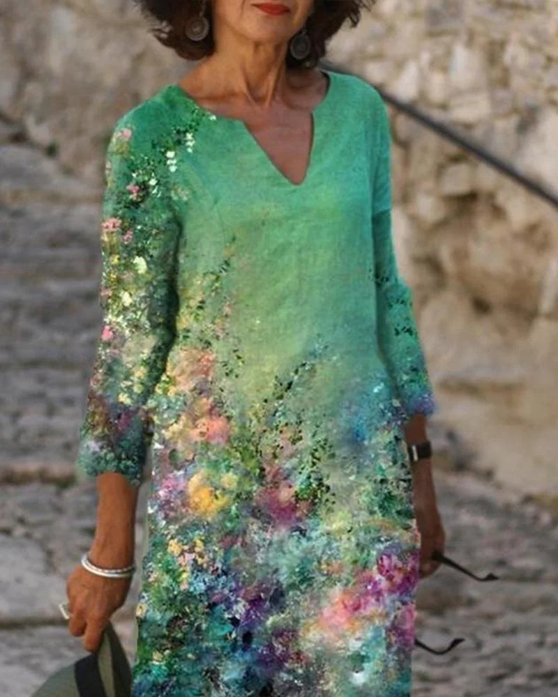 Printed V-neck 5 / 4 Sleeve Mid Length Dress