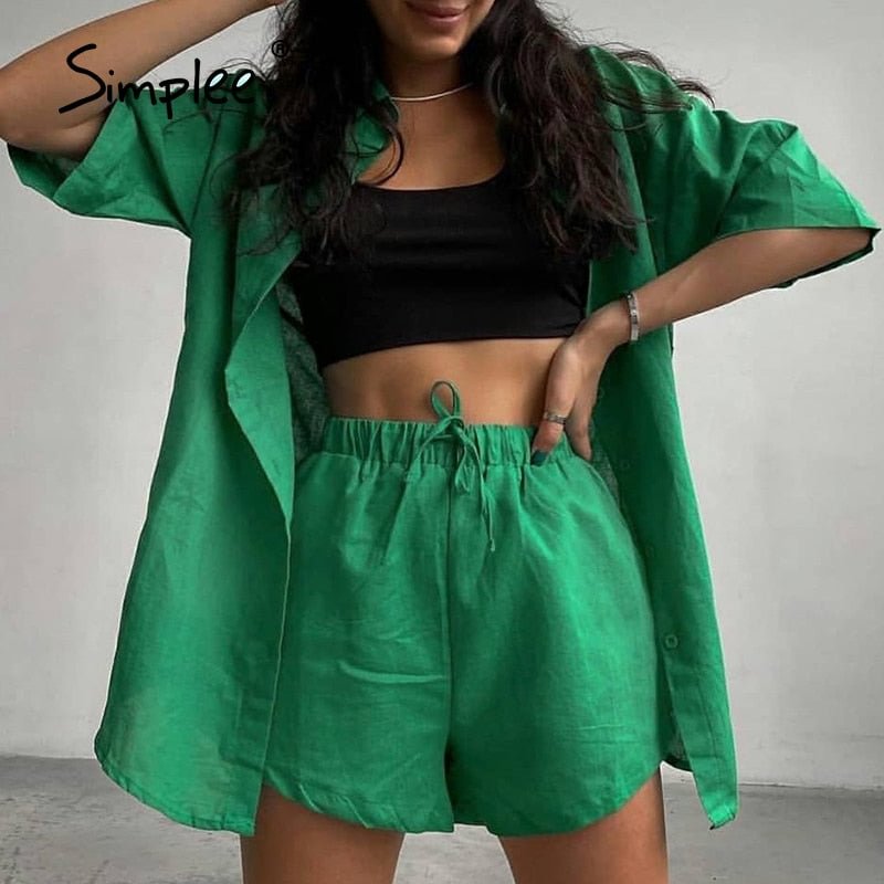 Simplee Casual lace up short sleeve summer set women  Loose button two-piece sport sets  Elastic waist lapel fitness tracksuits