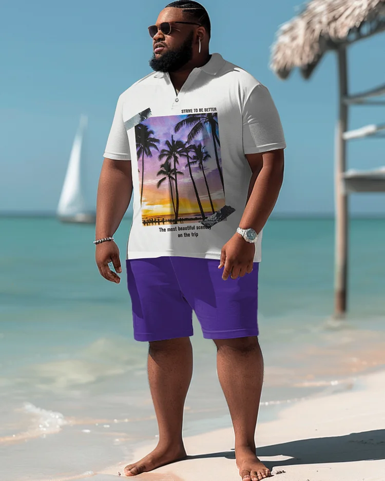 Hawaiian Gradient Coconut Tree Pattern Colorblock Shorts Men's Plus Size Set