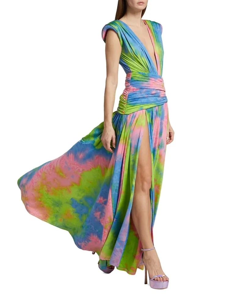 Tlbang Deep V Neck Tie Dye Long Dress Summer Women Sleeveless Folds Waist Lace-up Split Dress Elegant Party Holiday Evening Dresse