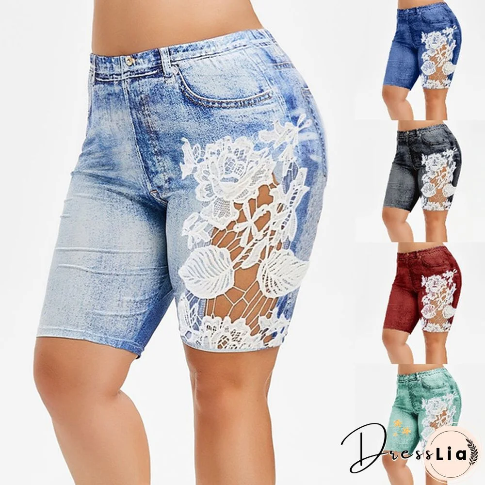 New Women's Fashion Plus Size Denim Leggings Short Summer Lace Fitted Leggings Knee Length Pants