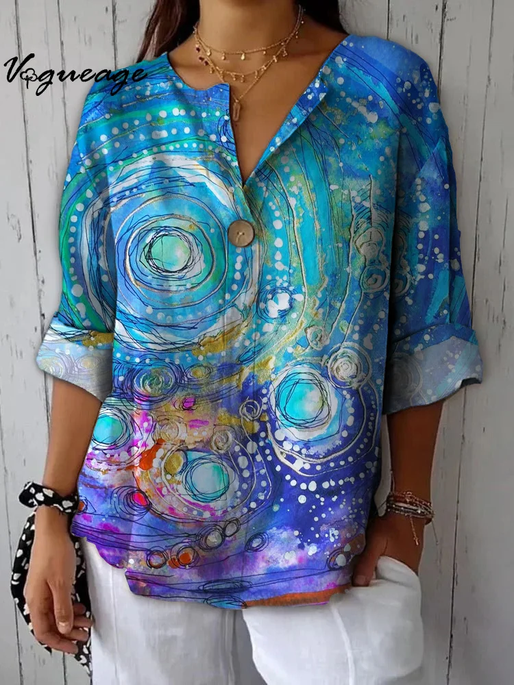 Fashion Dream Blue Ring Circle Printed Cotton And Linen Shirt