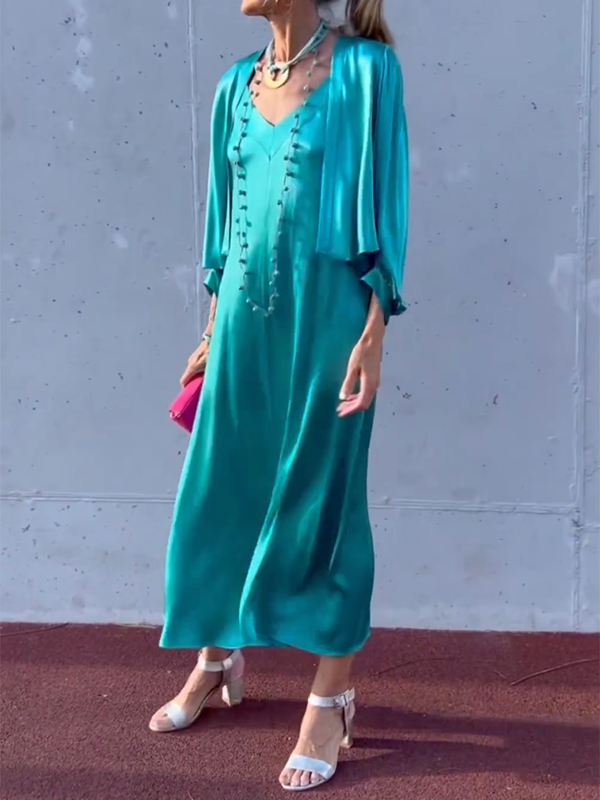 Solid Color Half Sleeves Loose Spaghetti-Neck Maxi Dresses