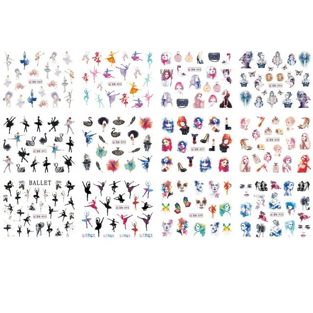 Nail Stickers Water Transfer Ballet Abstract Art Designs 12Pcs/Set Nail Decal Decoration Tips For Beauty Salons