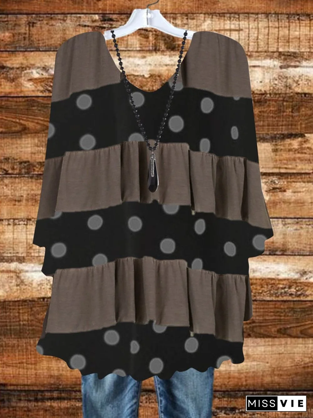 Women Half Sleeve Scoop Neck Polka Dot Stitching Tops