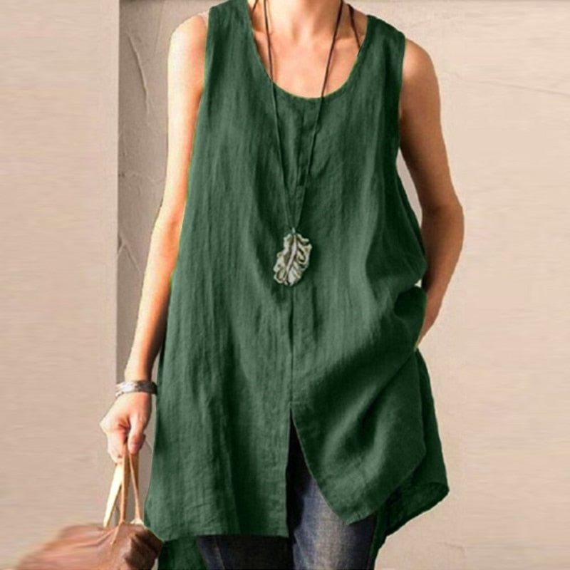 ZANZEA Summer Cotton Linen Blouse Women Sleeveless Tanks Tops Vintage Solid Loose Blusas  Tunic Split Shirt Female