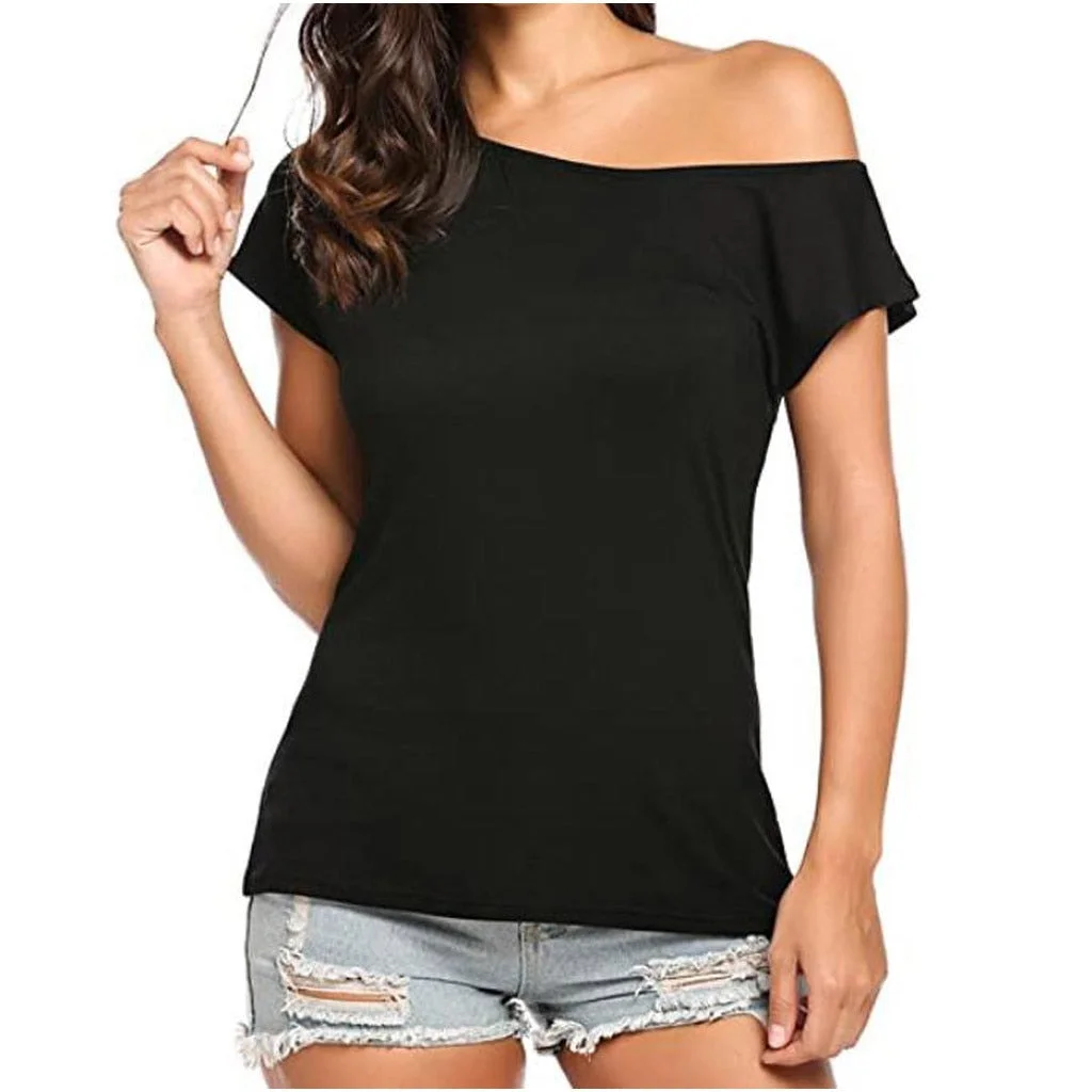 Fashion Off Shoulder T-Shirt Casual Women tshirt Solid Loose Tops Ladies Summer Tops Female Short Sleeve Shirt Blusas Pullover