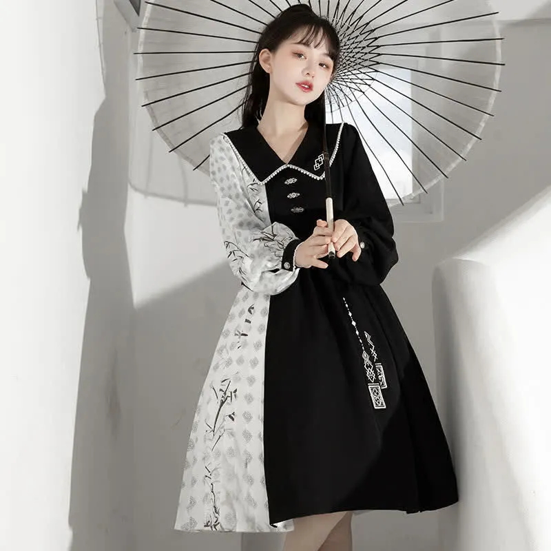 Vintage Bamboo Print Lapel Colorblock Dress
