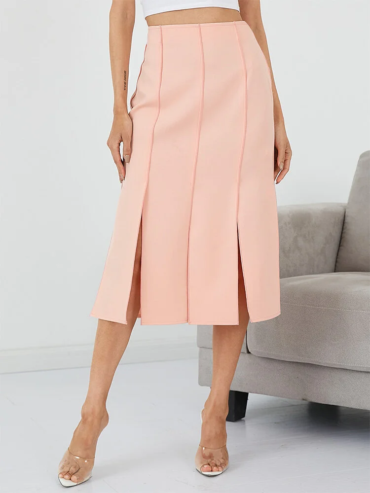 Solid Slit Contrast Stitch High Waist Midi Skirt for Women
