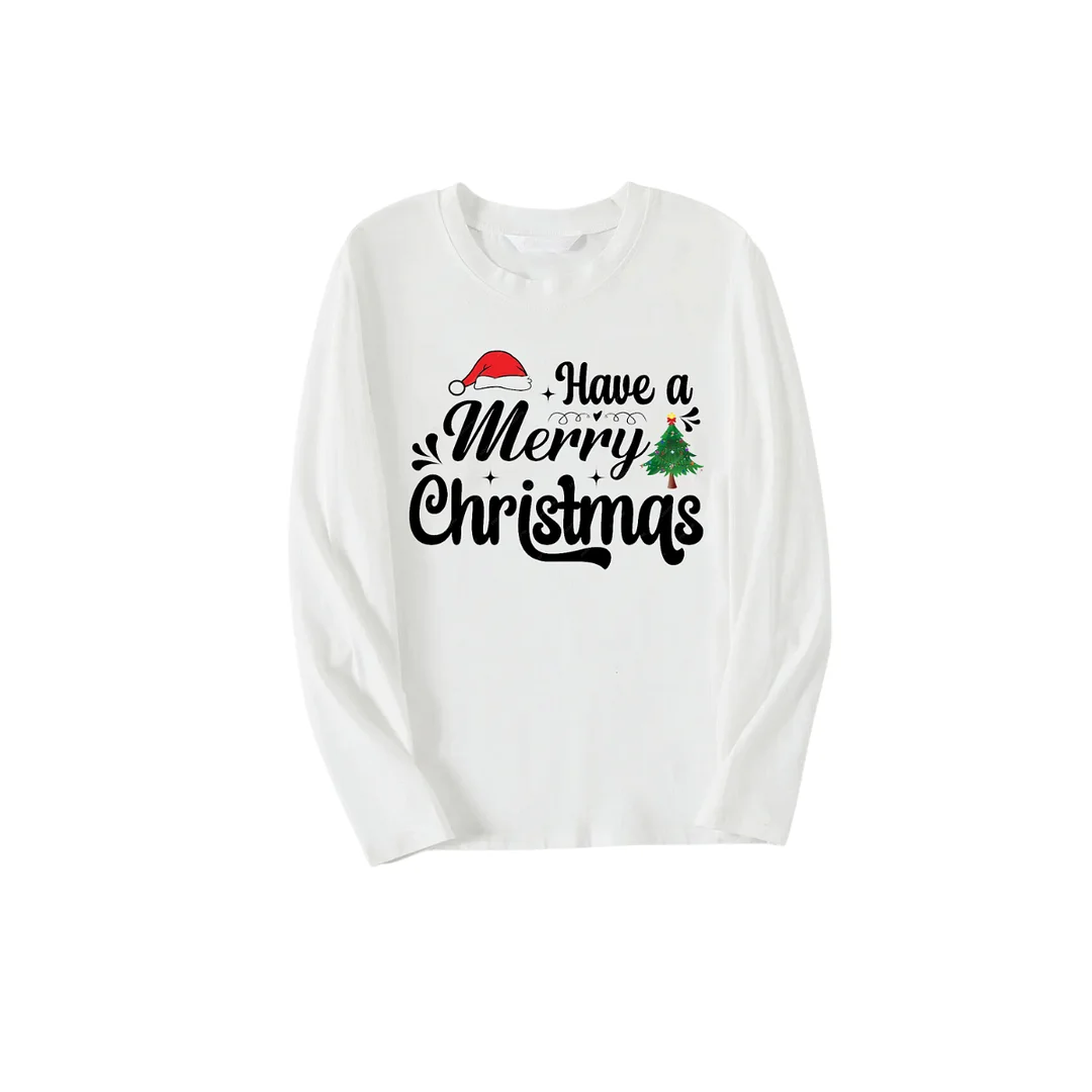 "Have a Merry Christmas"  Printed Pattern White Long Sleeve Top With Blue & Black & White Plaid Family Matching Pajamas