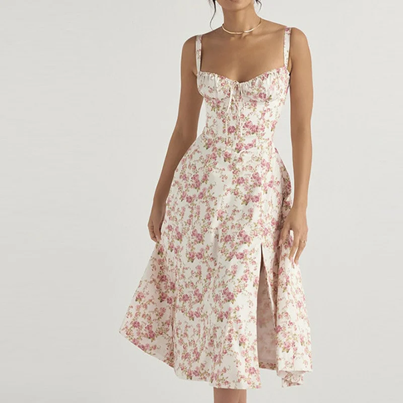 Uveng Uveng New Women's French Floral Dress Lady Slit Big Place Suspenders Winter Dress Female