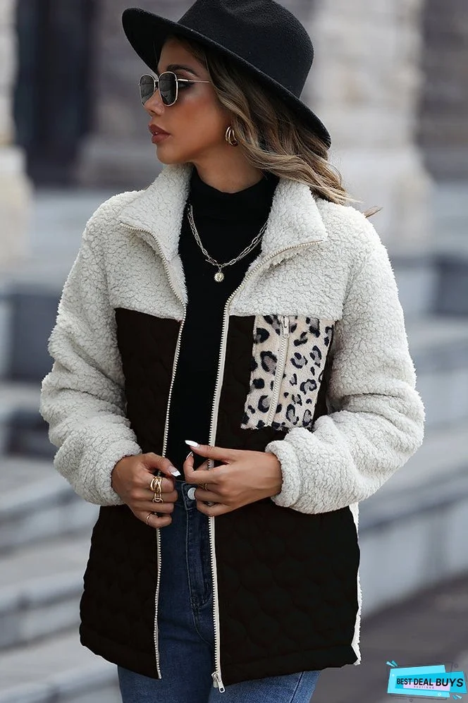 Color Block Leopard Patchwork Zipper Fleece Coat