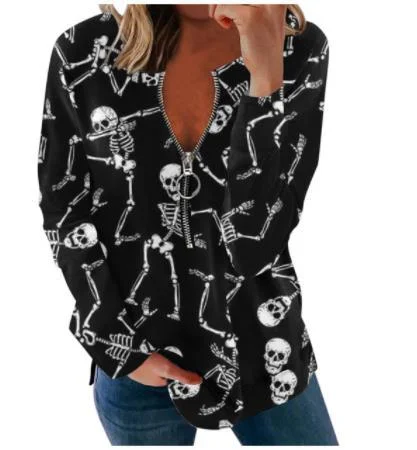 Women Halloween Long Sleeve Sweatshirts Pumpkin Ghost Printed Loose Tops Round Neck Tee Casual Autumn Party Zipper Streetwear