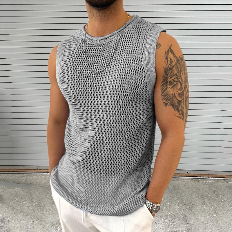 Men's Knitted Round Neck Sleeveless Hollow Pullover Vest