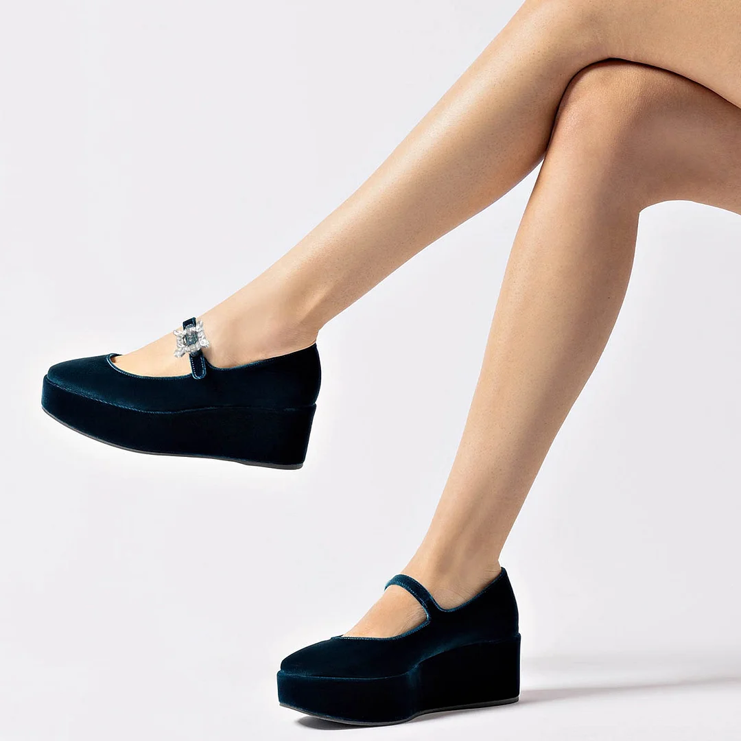 Teal Velvet Rhinestone Buckle Strap Wedge Heel Mary Jane Shoes