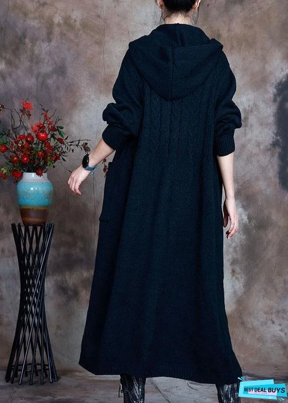 Stylish Blue Hooded Pockets Knit Cardigans Winter