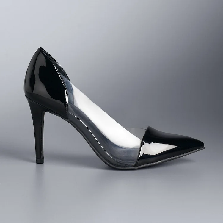 Custom Made Black Patent Leather and transparent Pointy Toe Pumps |FSJ Shoes