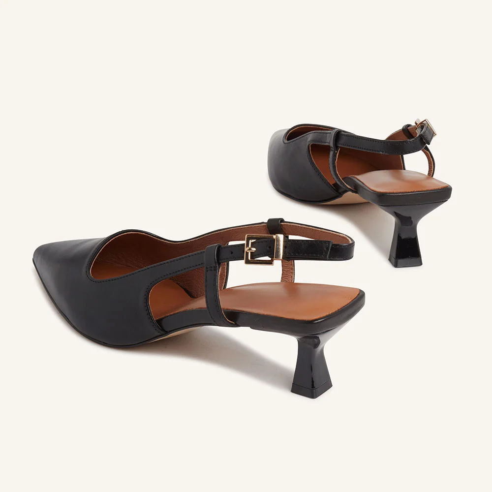 Black Vegan Leather Kitten Heel Pointed Toe Slingback Shoes