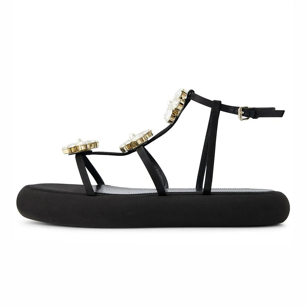 Black Round Toe Rhinestone Pearl Platform Ankle Strap Sandals