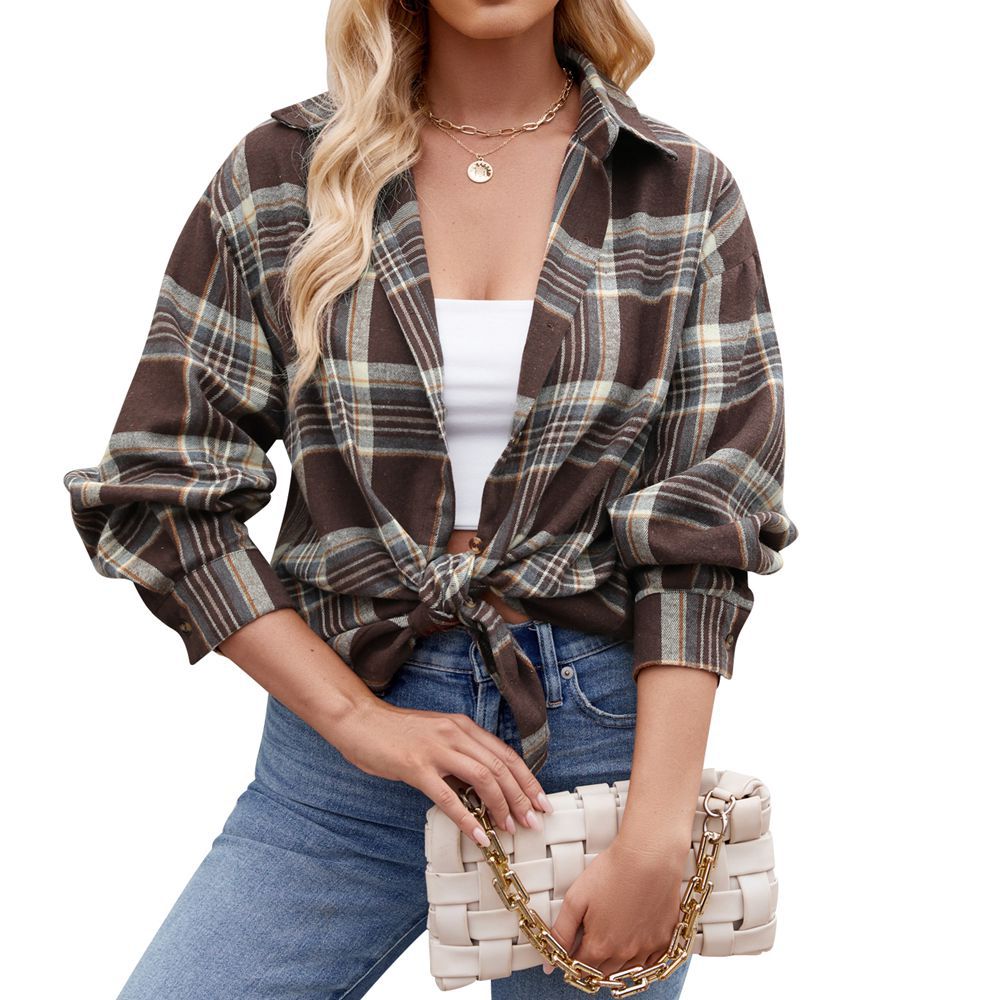 Mature Women Casual Fashion Street Loose Plaid Shirt Tops