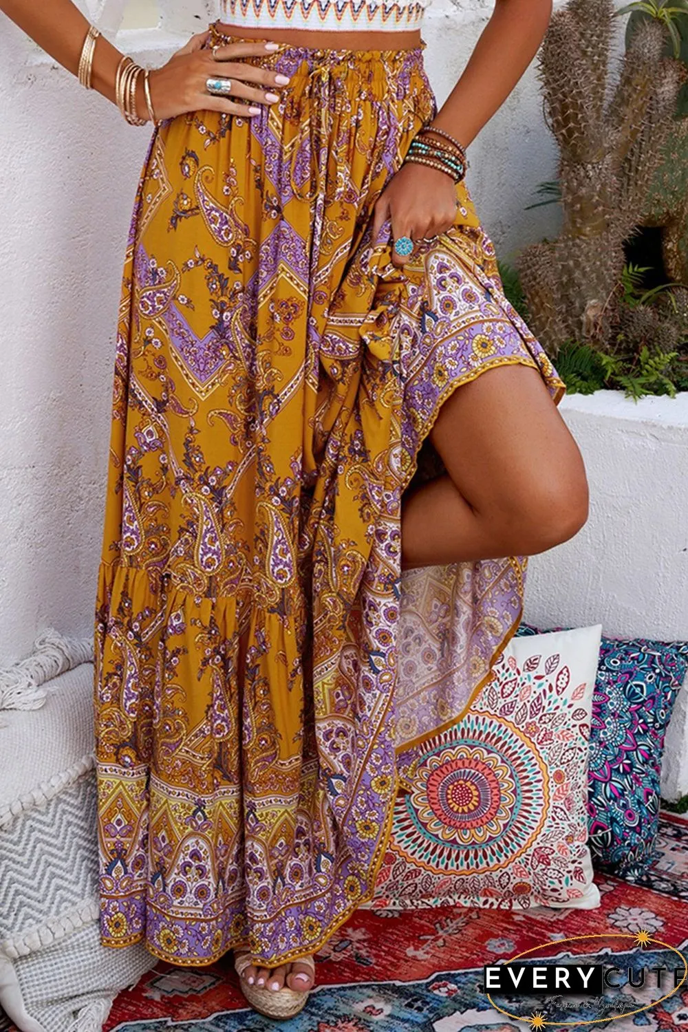 Orange Boho Floral Print Ruffled Elastic High Waist Maxi Skirt