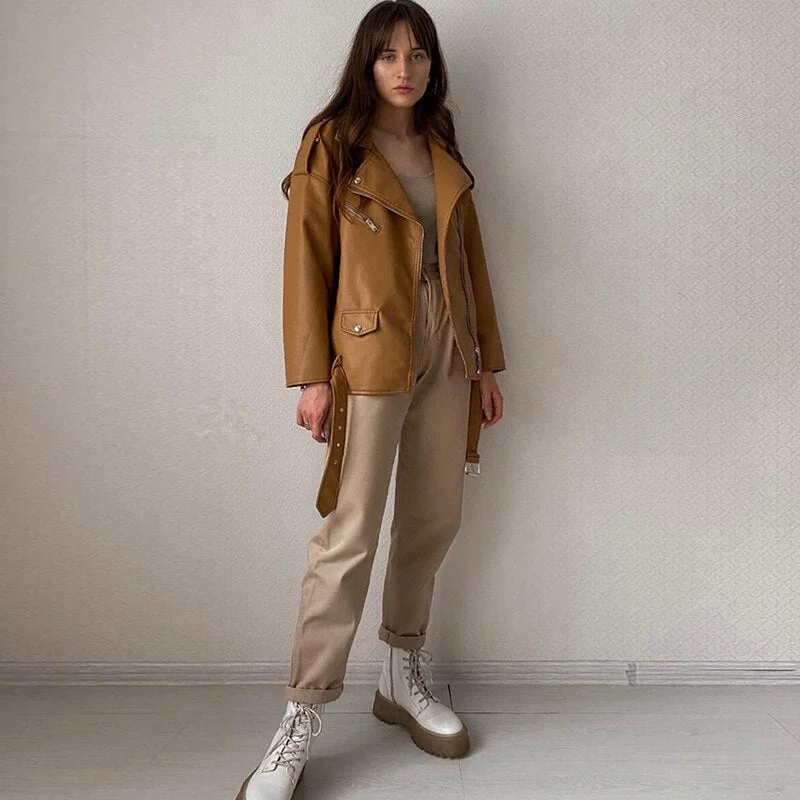 FTLZZ Spring Autumn Women Brown Faux Leather Jacket Moto Biker Punk Style PU Coat Casual Loose Locomotive Outwear with Belt