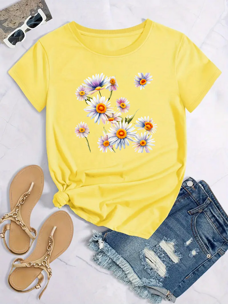 AL™ Sunflower Print T-Shirt,Spring & Summer For Nature Lover Casual Crew Neck Short Sleeve T-Shirt Tee -xn0617-1-Annaletters