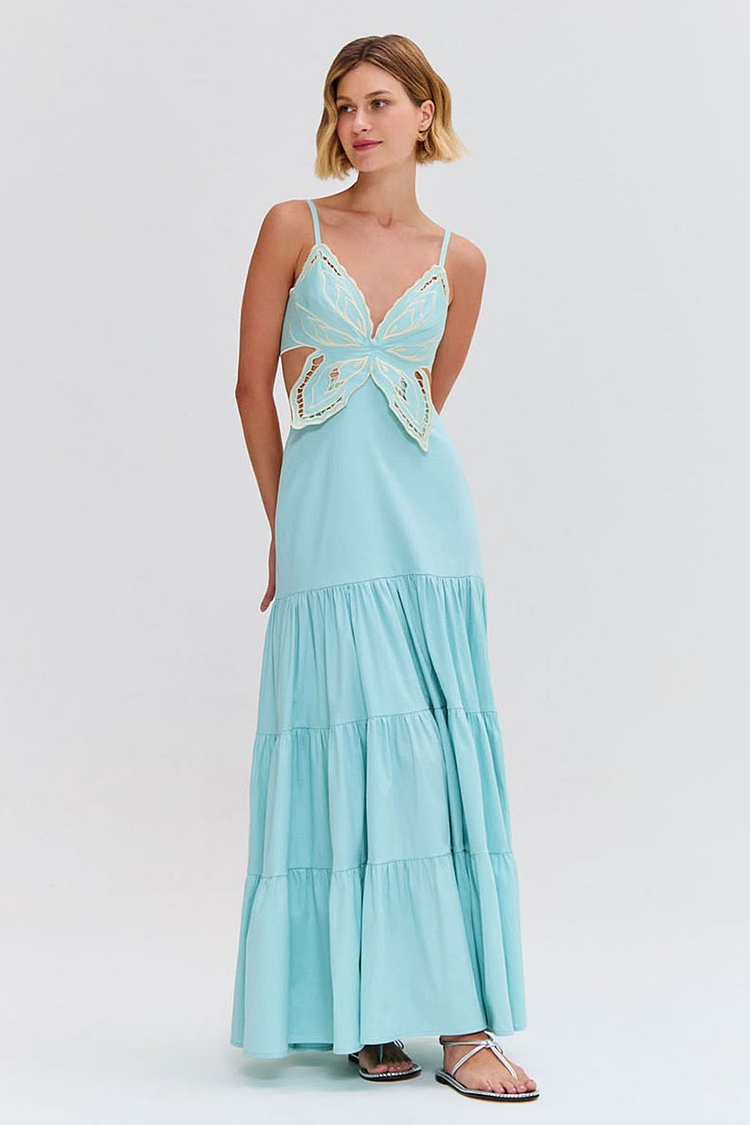 Butterfly Applique Cutout Backless Shirred Slip Maxi Dresses-Blue [Pre Order]