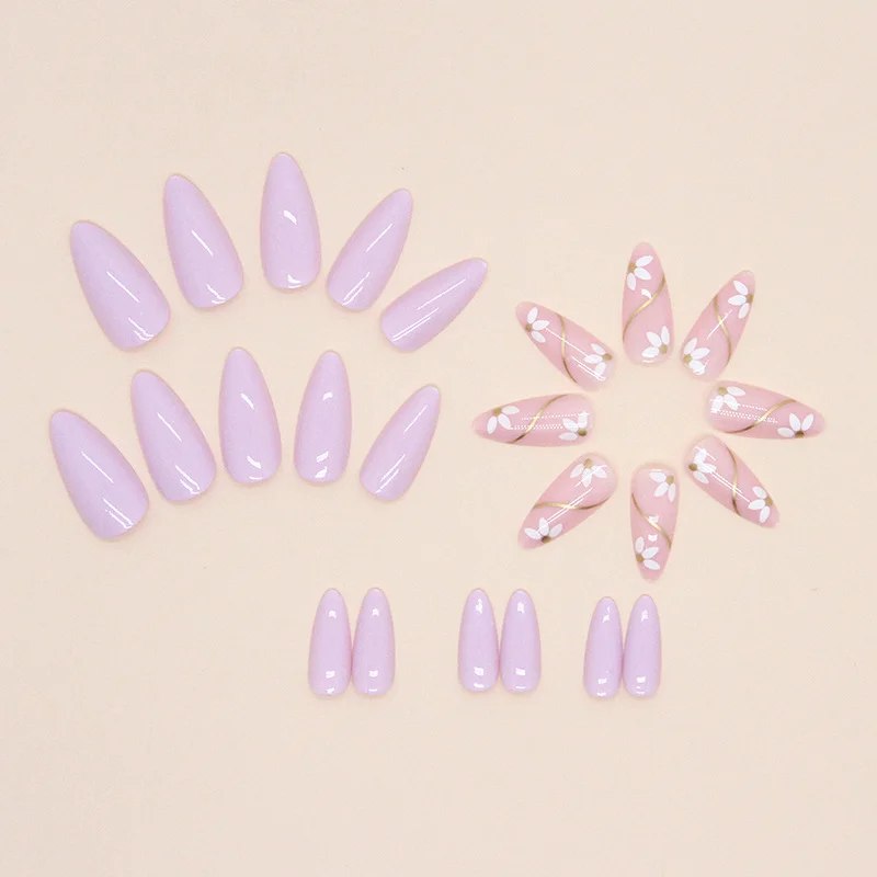 Churchf Churchf Elegant Fresh Taro Purple Pure Color Nail Gold Foil Line Flower Fake Nails Cure Mood Series Wear Armor