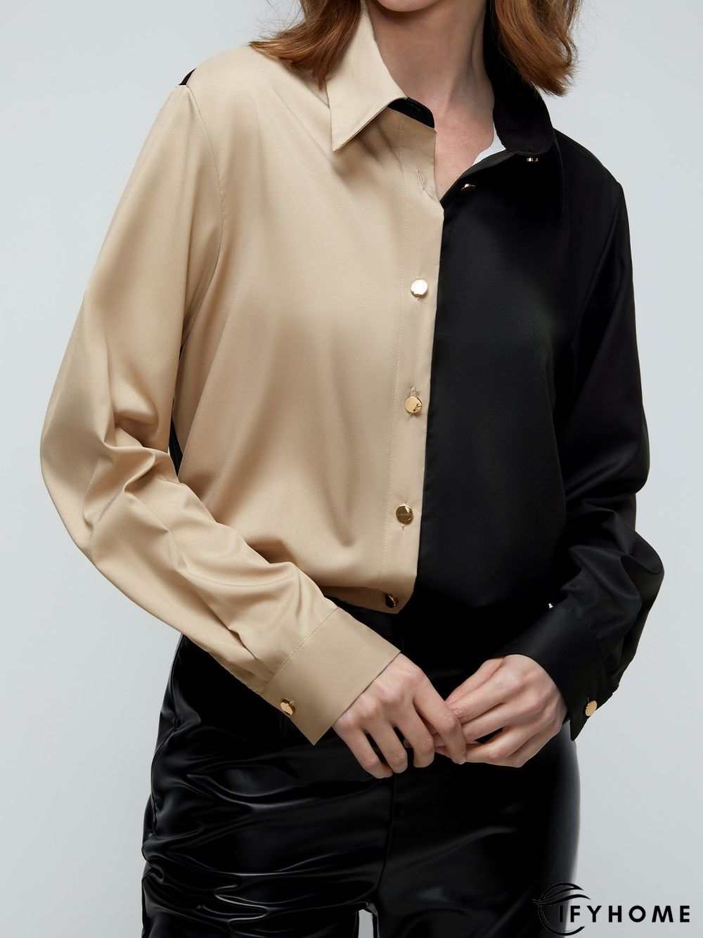 Shirt Collar Color-Block Long Sleeve Plain Blouse | IFYHOME